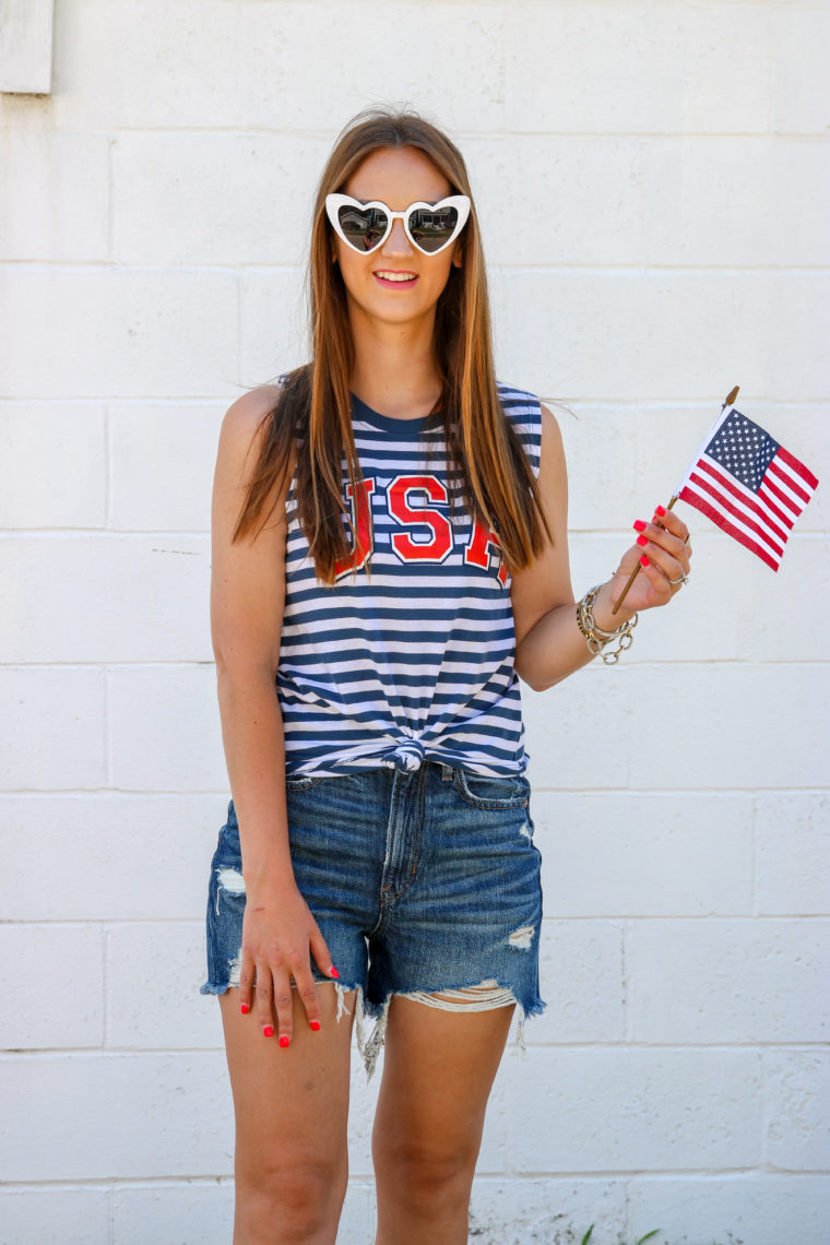 heart sunglasses, American flag, striped tank top