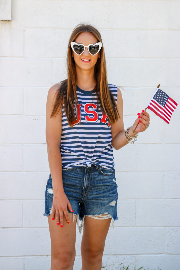 heart sunglasses, American flag, striped tank top 