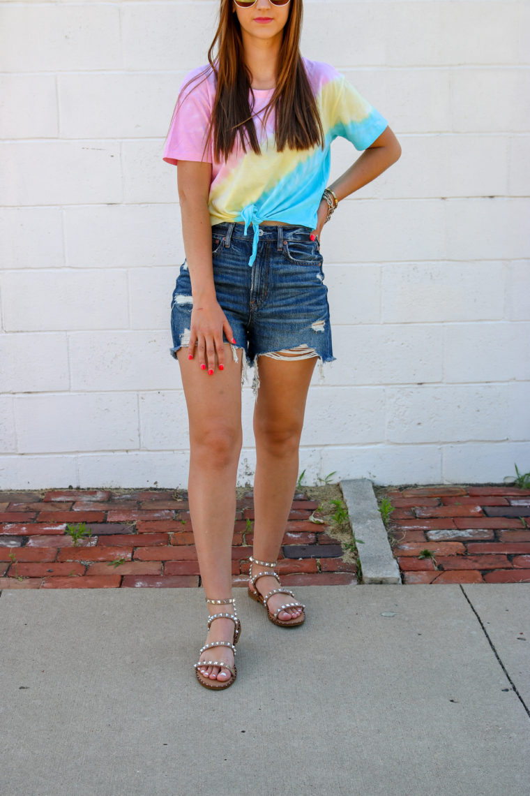 studded sandals, summer outfit, tie dye outfit