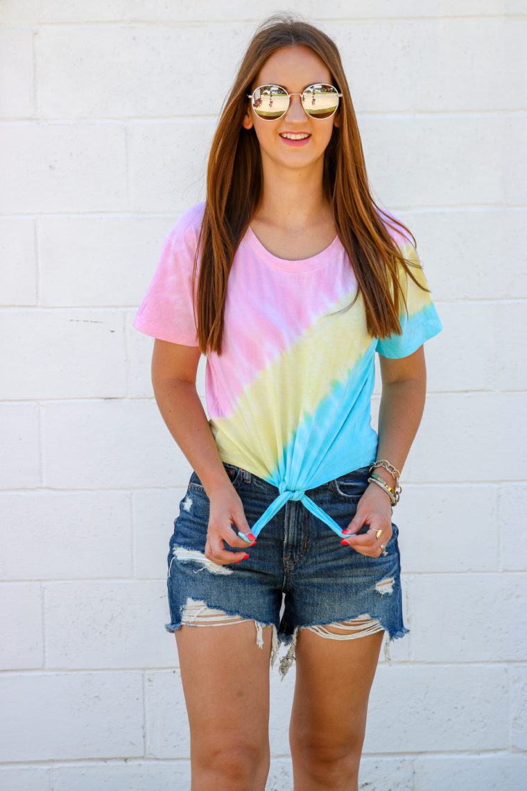 tie dye tee, tie front tee, mom shorts