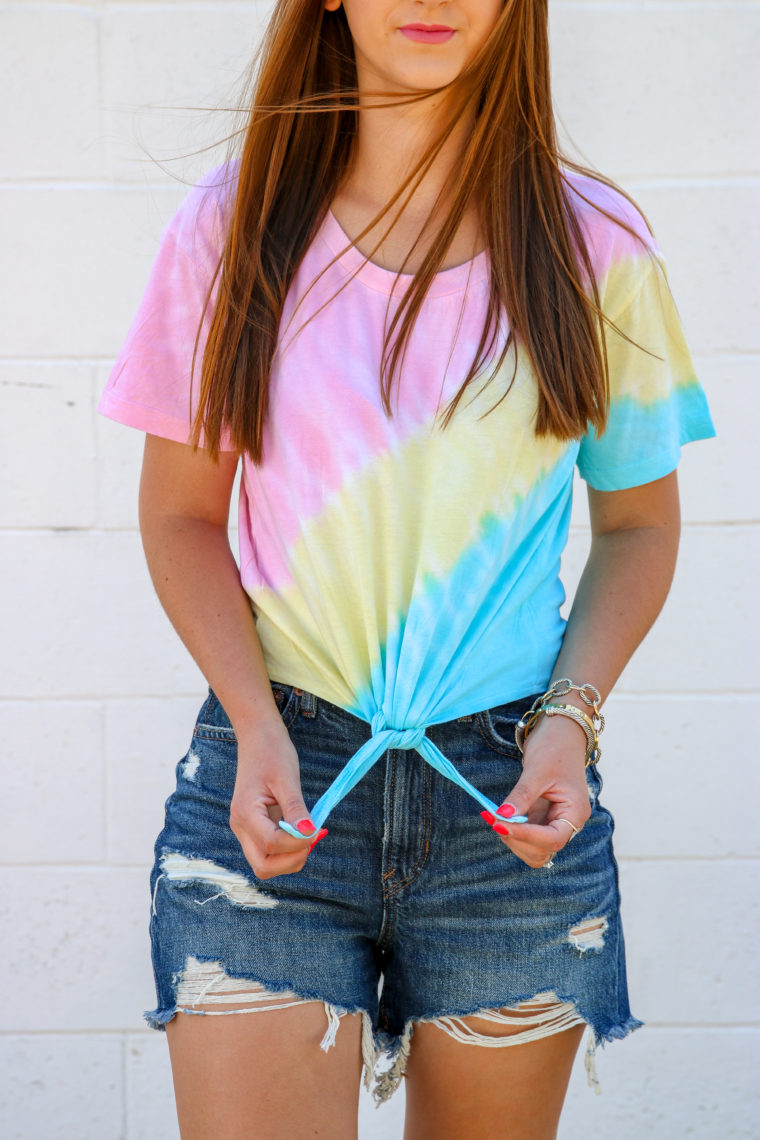 distressed shorts, tie front shirt, Pink Lily Boutique