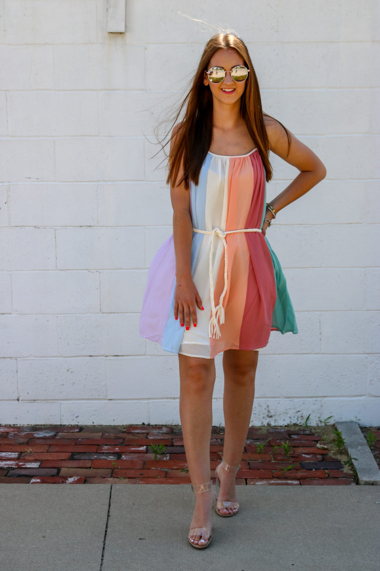 rainbow stripe dress, tie waist dress, summer outfit