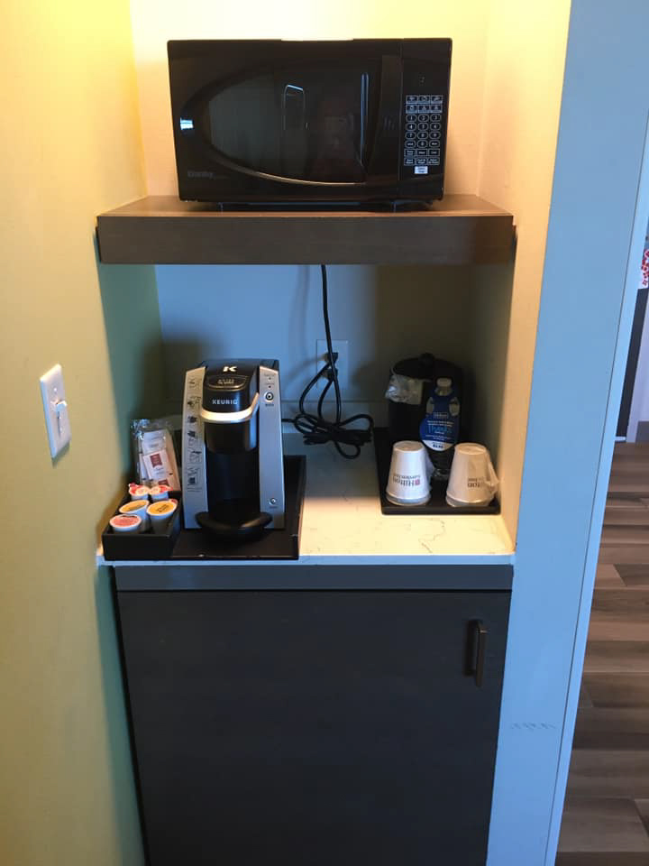 coffee bar, mini fridge