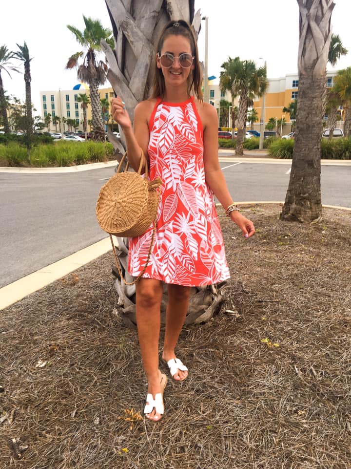 vacation outfit, palm leaf dress, summer dress