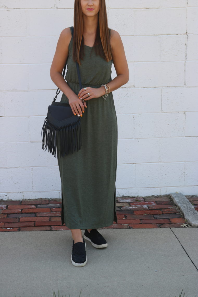 slip on sneakers, fringe bag, maxi dress