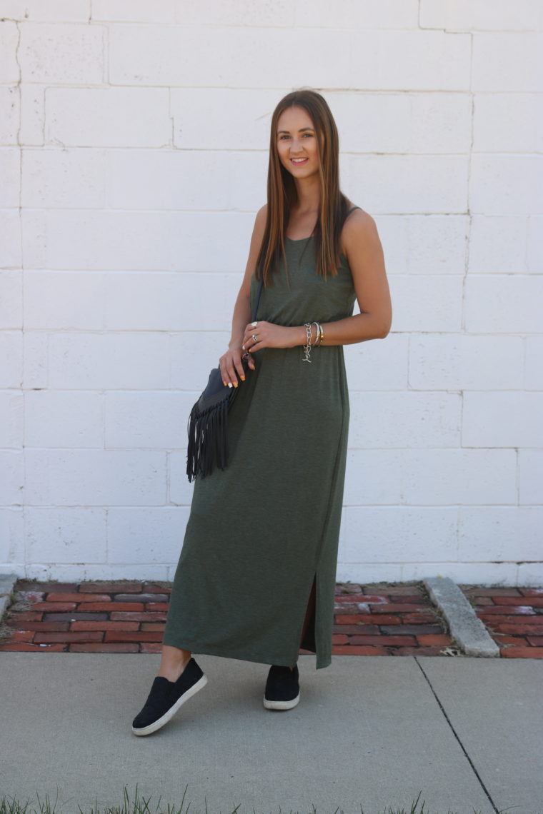 olive green dress, fringe bag, summer dress