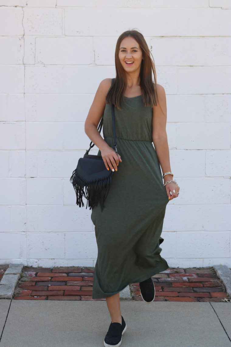 slip on sneakers, fringe bag, green maxi dress