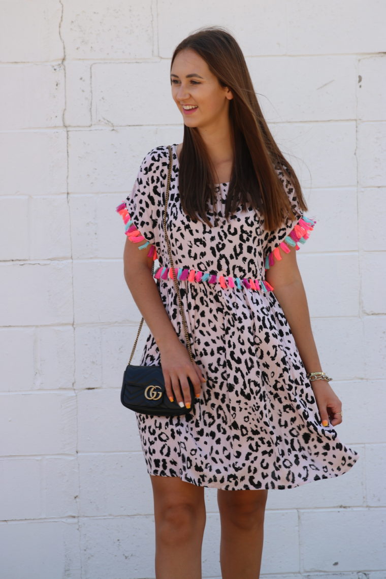 Gucci bag, leopard print tassel dress