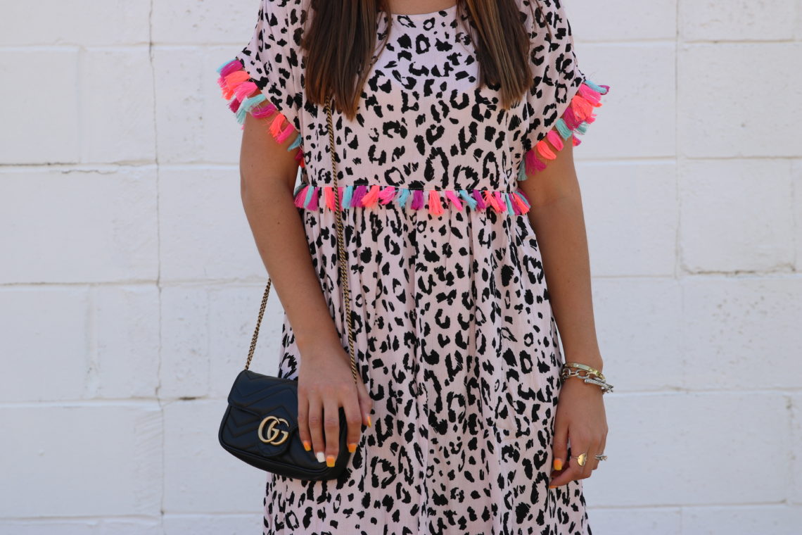 Gucci bag, animal print dress, fall dress