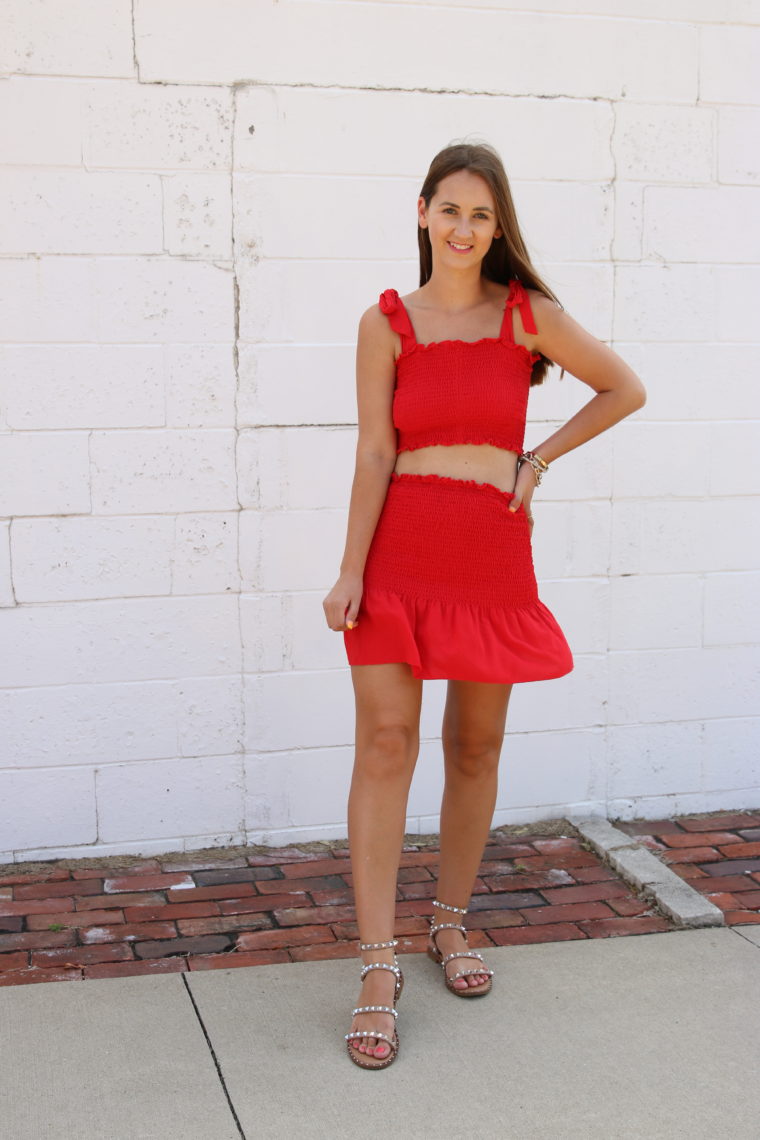 red two piece set, studded sandals