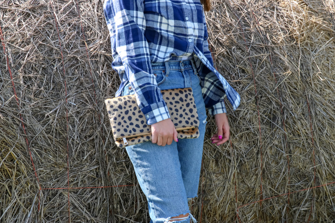 blue plaid shirt, leopard print clutch 