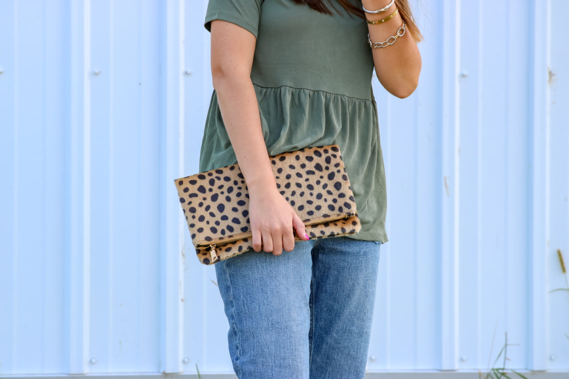 peplum top, leopard print clutch