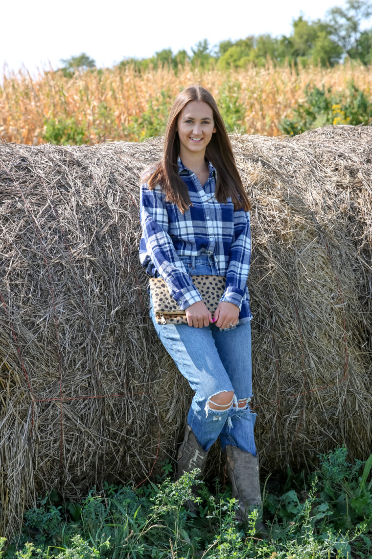 plaid tunic shirt, leopard clutch