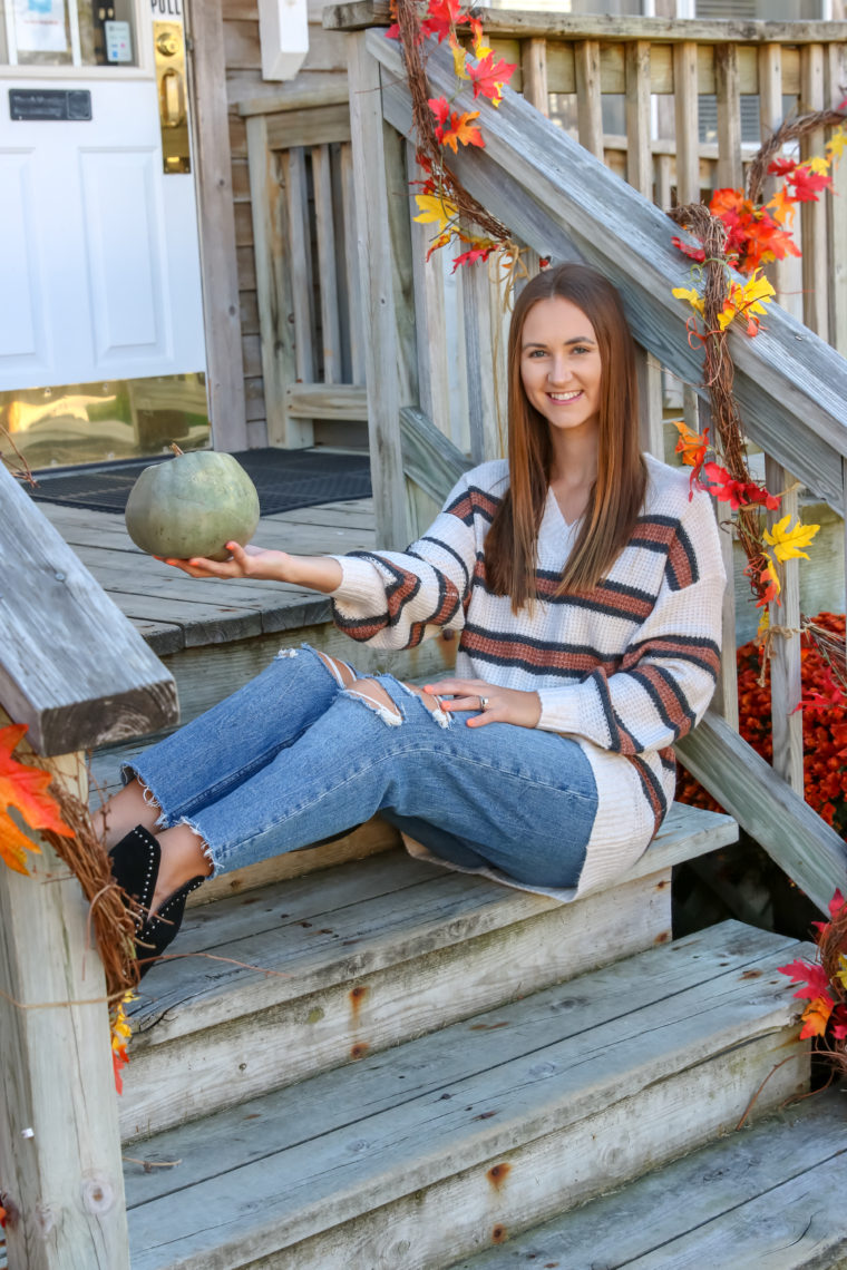 green pumpkin, striped sweater