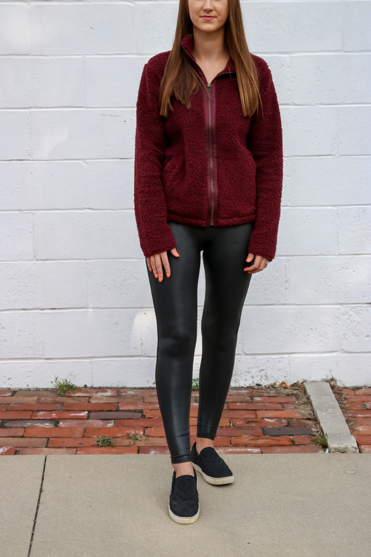 slip on sneakers, burgundy sherpa jacket