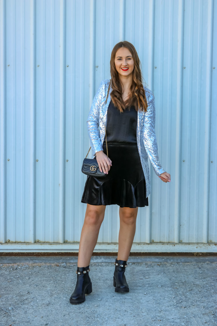 NYE outfit, suede skirt, Gucci bag 