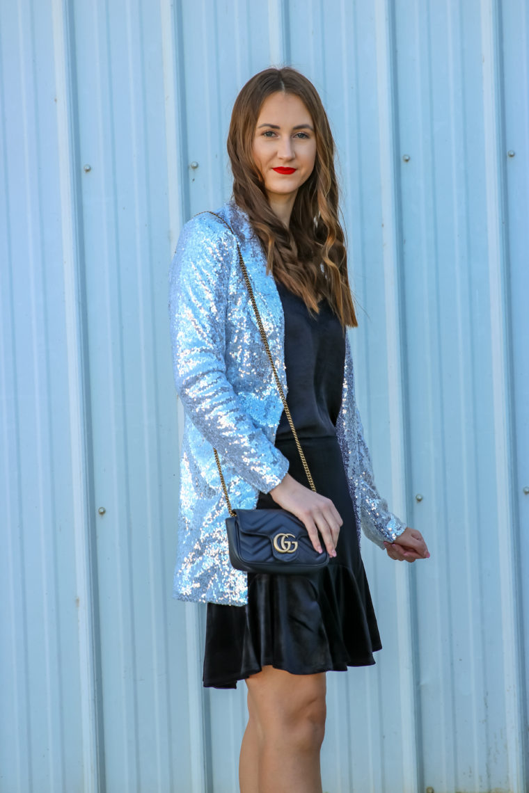 sequin blazer, NYE style, skater skirt 