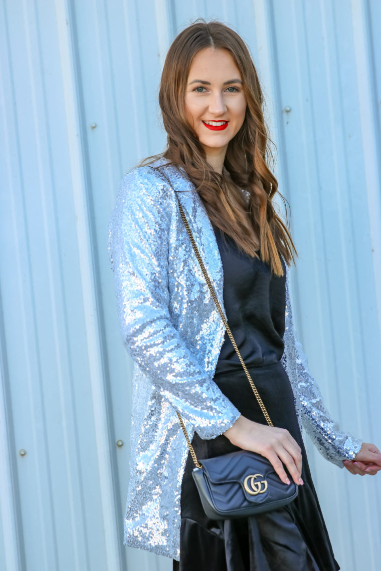 silver blazer, NYE style, Gucci bag 