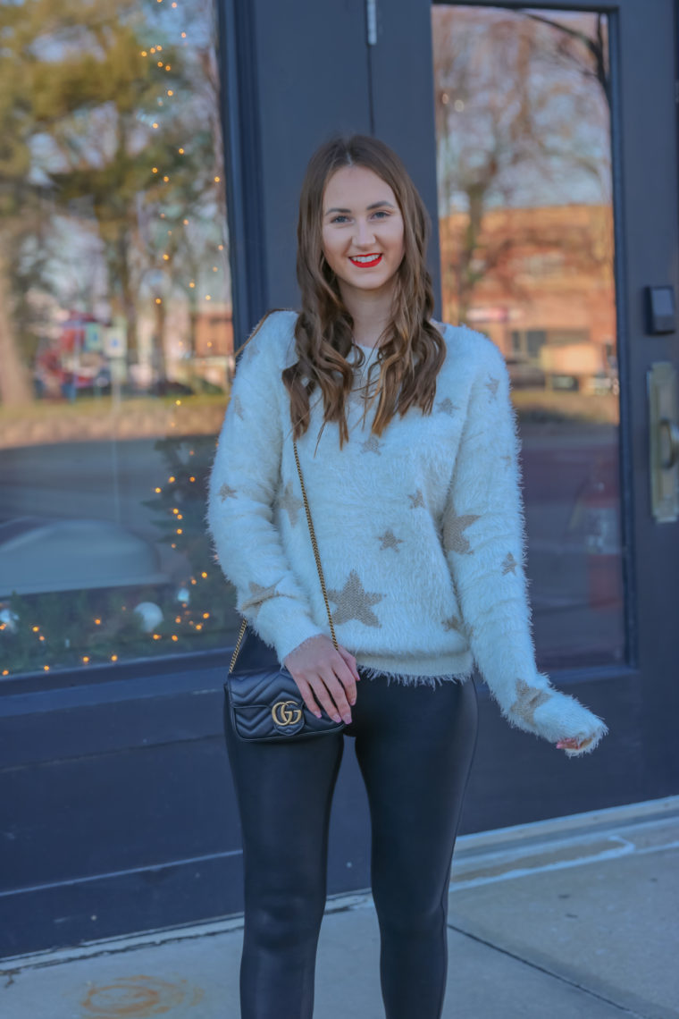 Holiday party outfit, fuzzy sweater