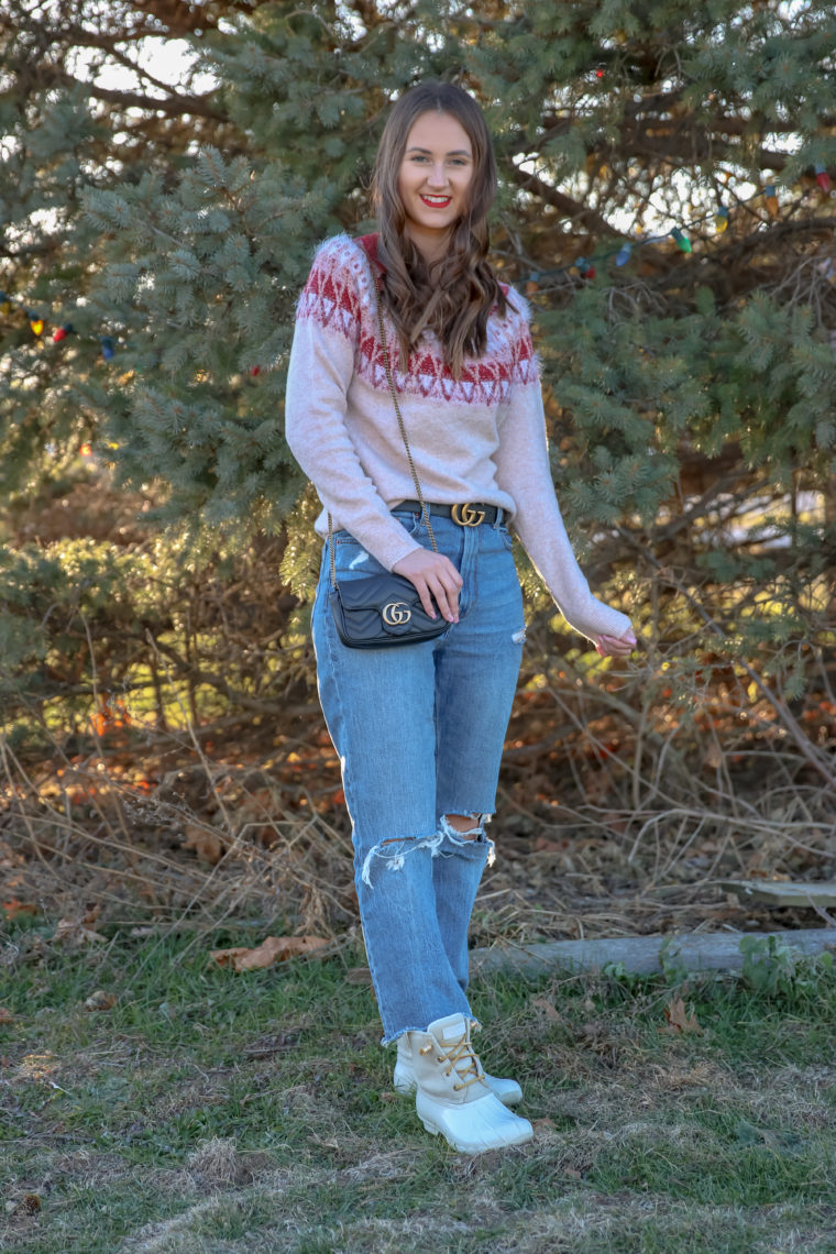 Christmas style, Sperry boots, Gucci belt