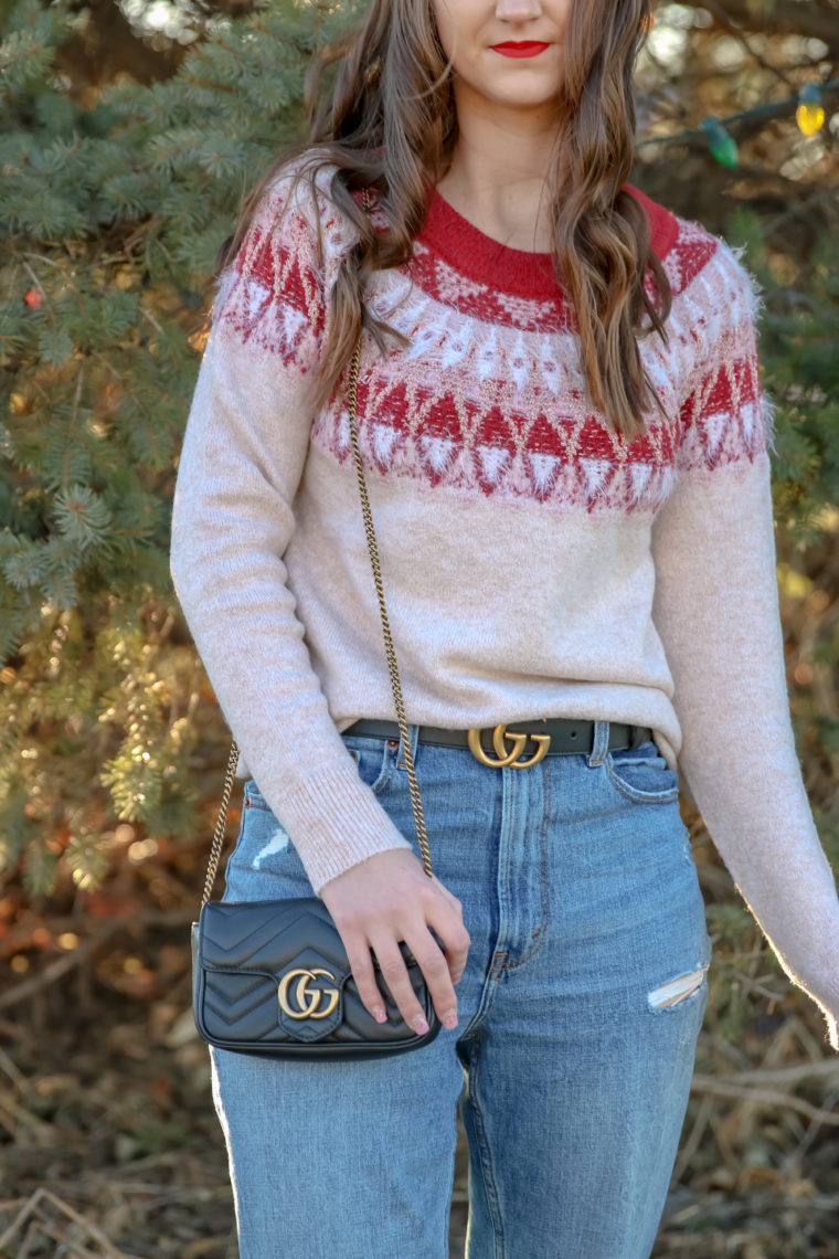 eyelash sweater, fuzzy sweater, Gucci belt