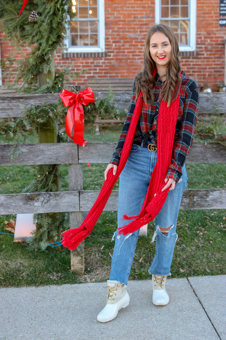 Christmas outfit, fringe scarf, Sperry boots