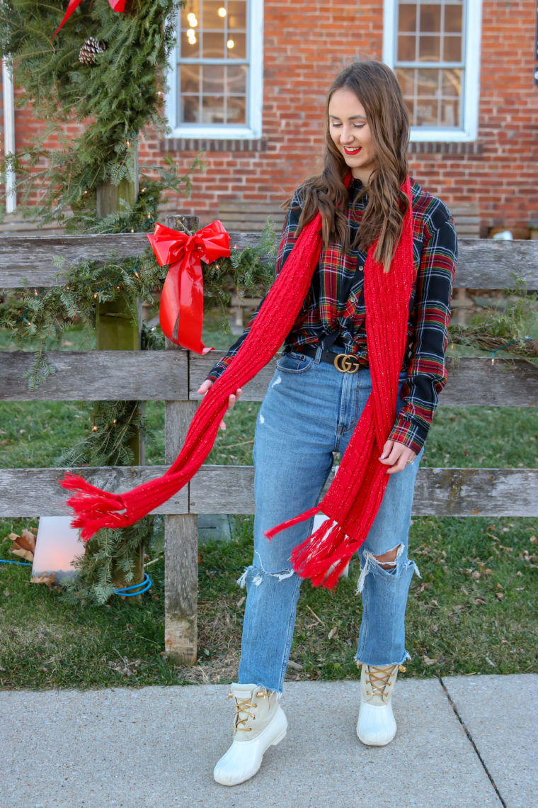 Holiday outfit, button down shirt, red scarf 