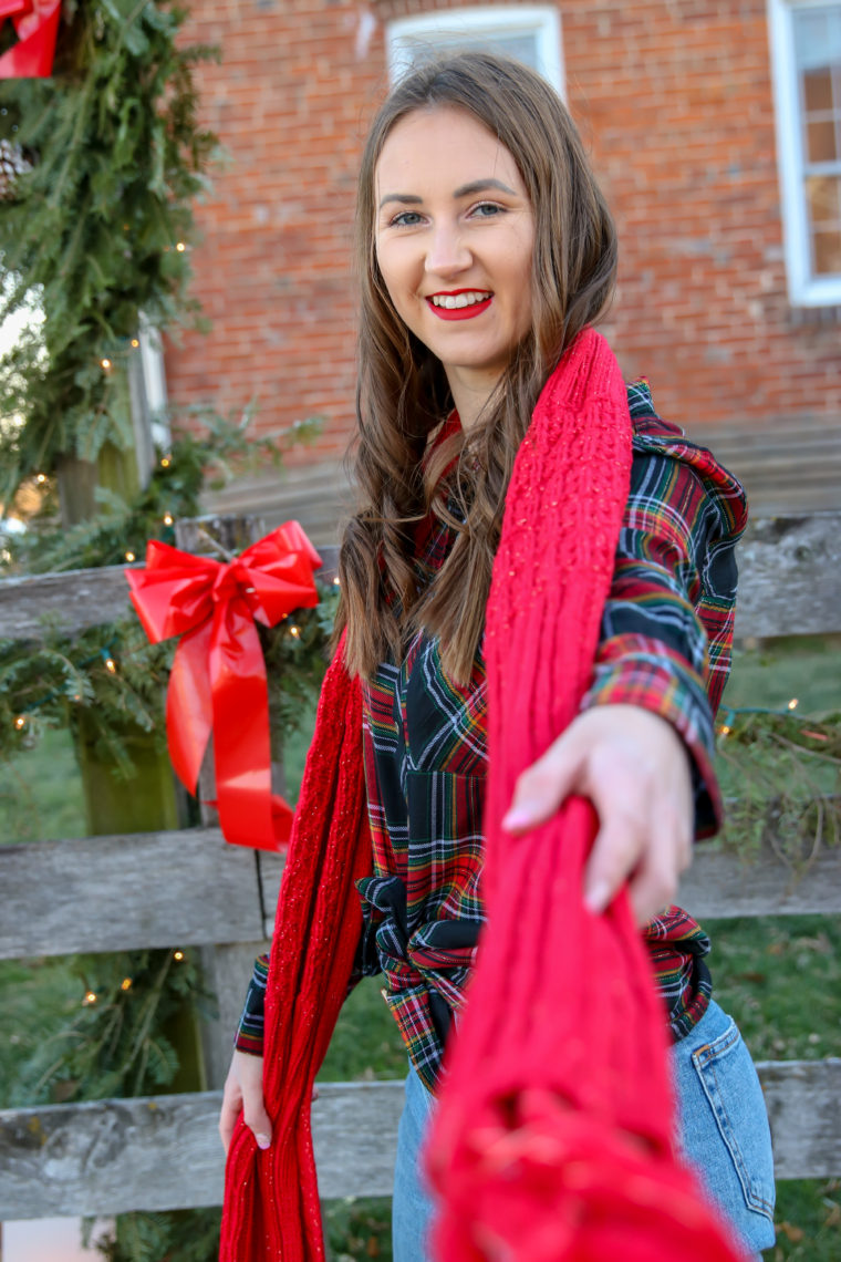 holiday scarf, red scarf, plaid shirt 