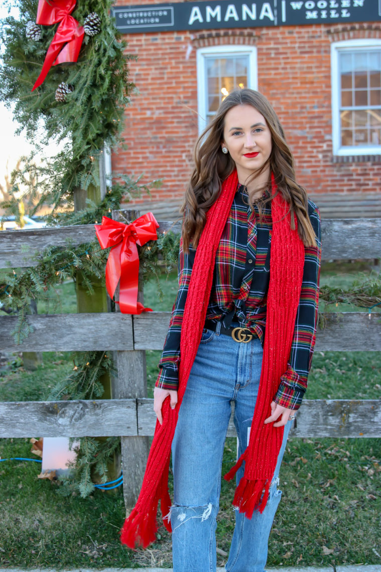 Christmas outfit, tunic shirt, fringe scarf