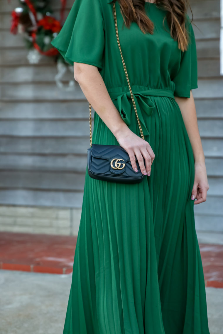 Gucci bag, pleated dress, holiday style