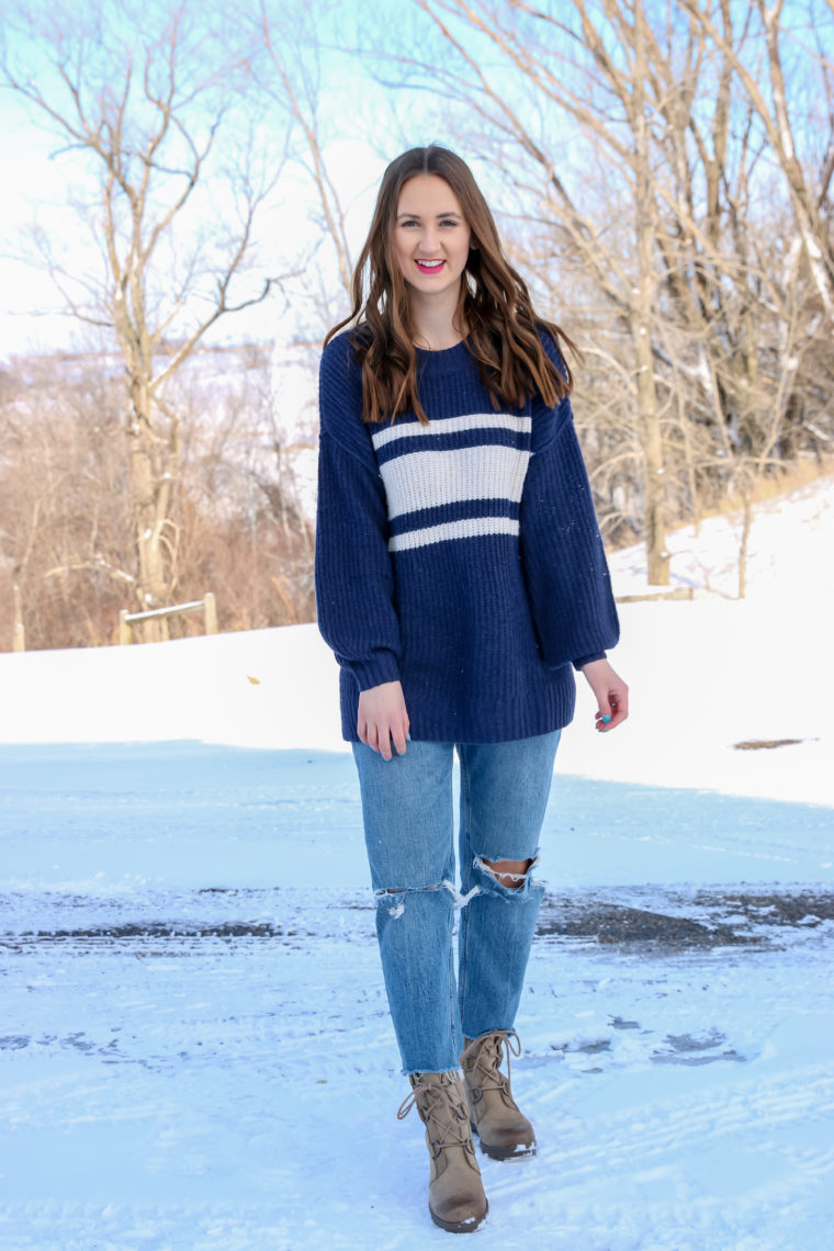 striped sweater, winter outfit