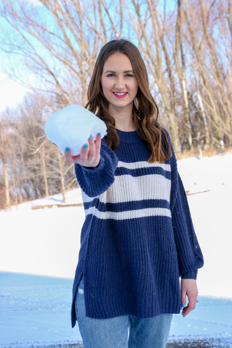 snow photo, blue and white sweater