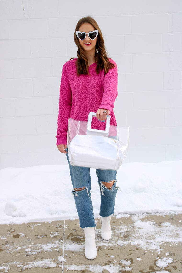 pink popcorn sweater, Valentine's Day look, white booties