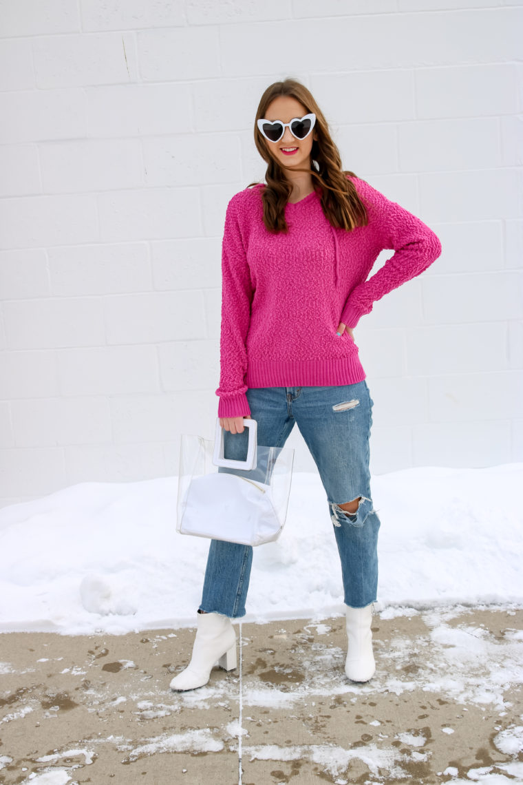 Valentine's Day outfit, popcorn sweater