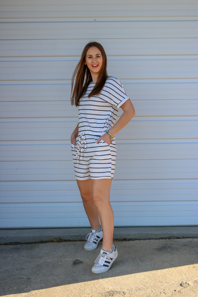 spring outfit, black and white romper