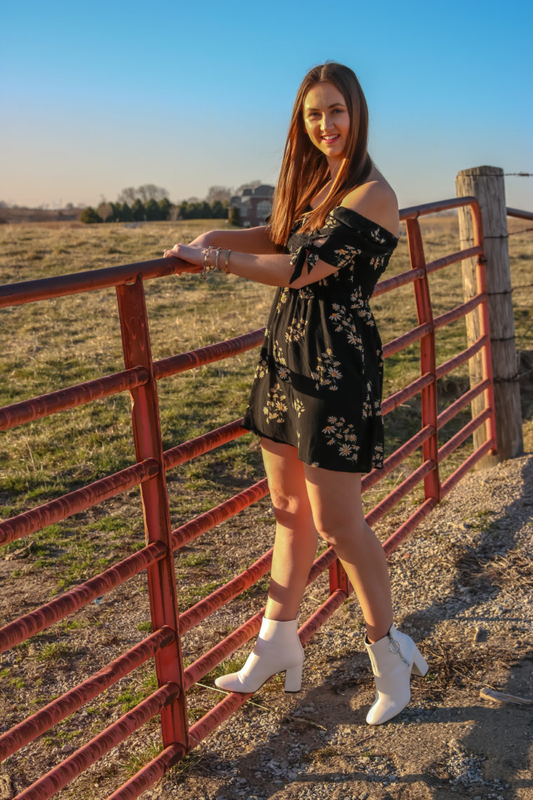 white booties, yellow floral print dress