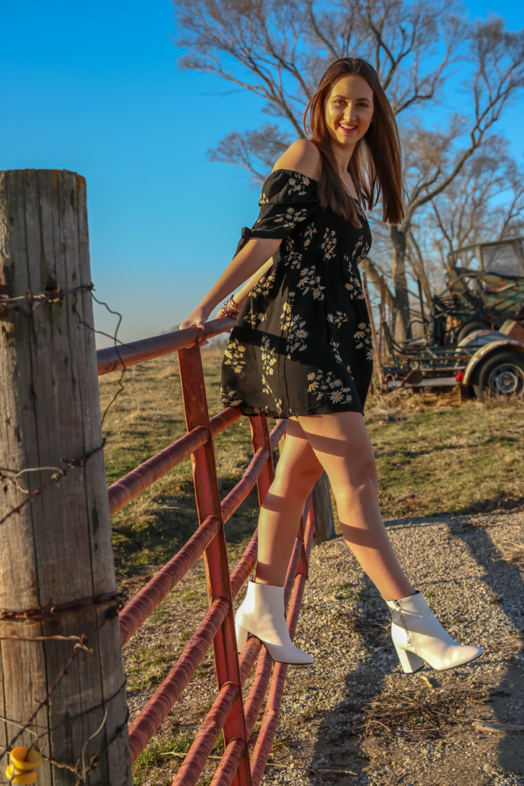 white booties, off the shoulder dress