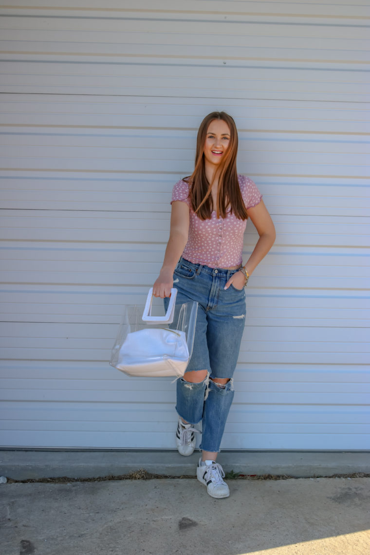 mom jeans, snap front crop top 