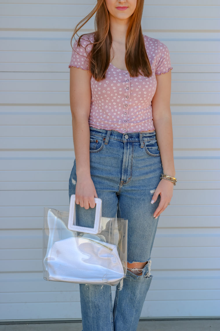 clear bag, floral print t-shirt