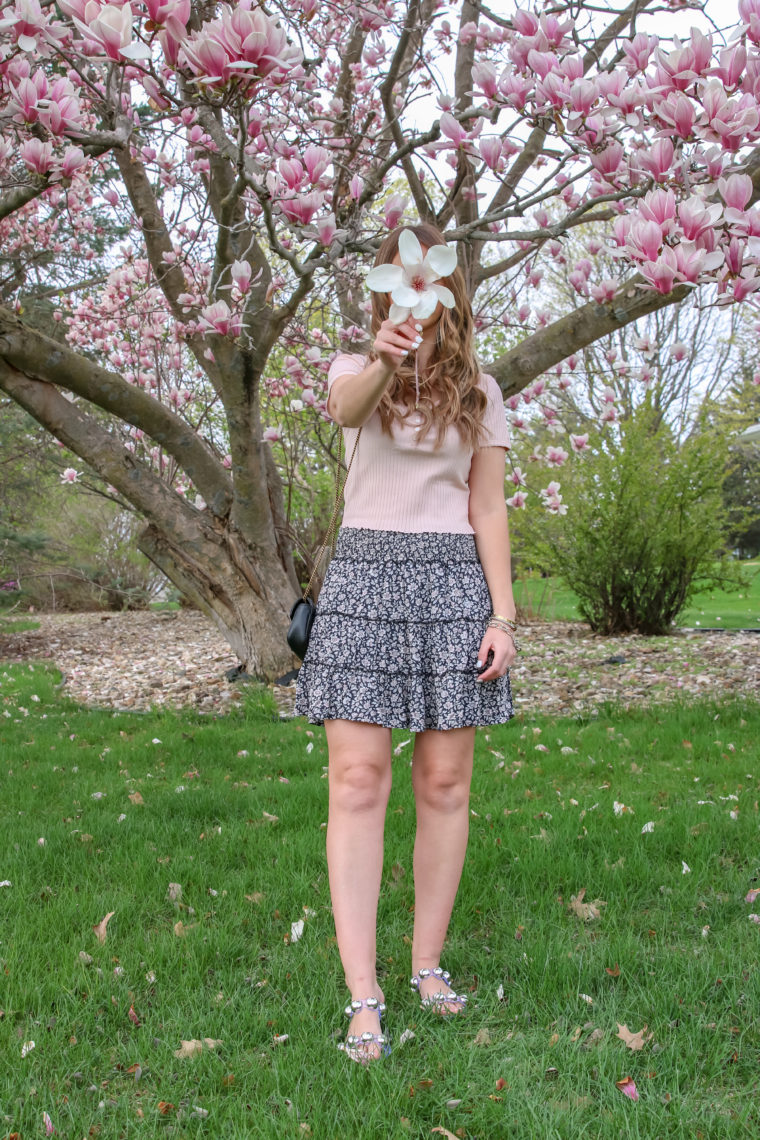 cherry blossom tree, printed skirt 