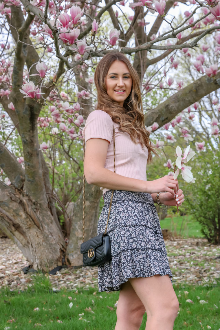 spring look, floral mini skirt 