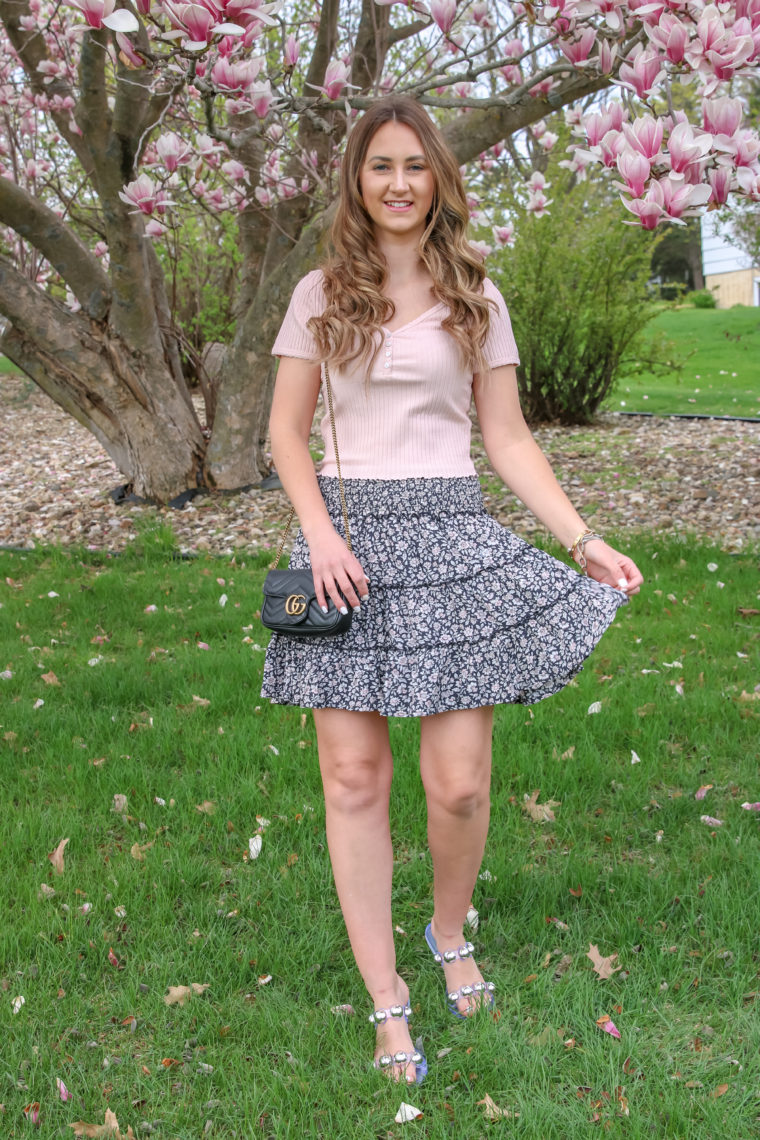 floral print skirt, Gucci bag 