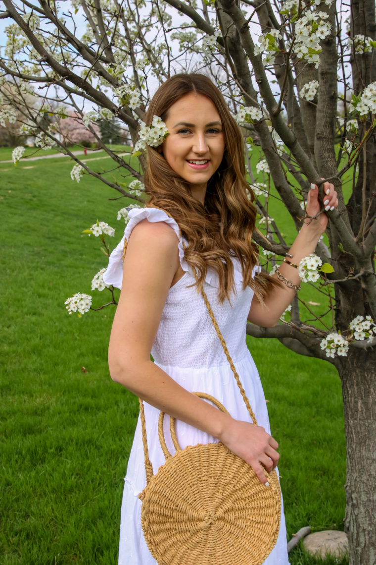 round straw bag, spring outfit