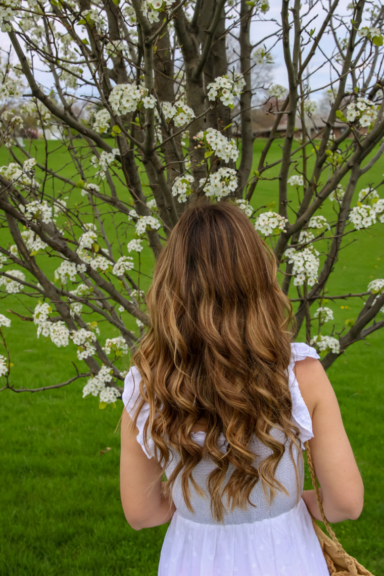 white flower tree, long hair 