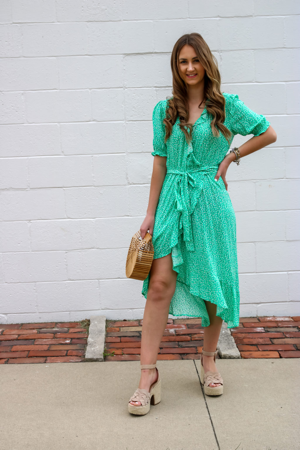 Green Floral Print Ruffle Stand Collar Dress