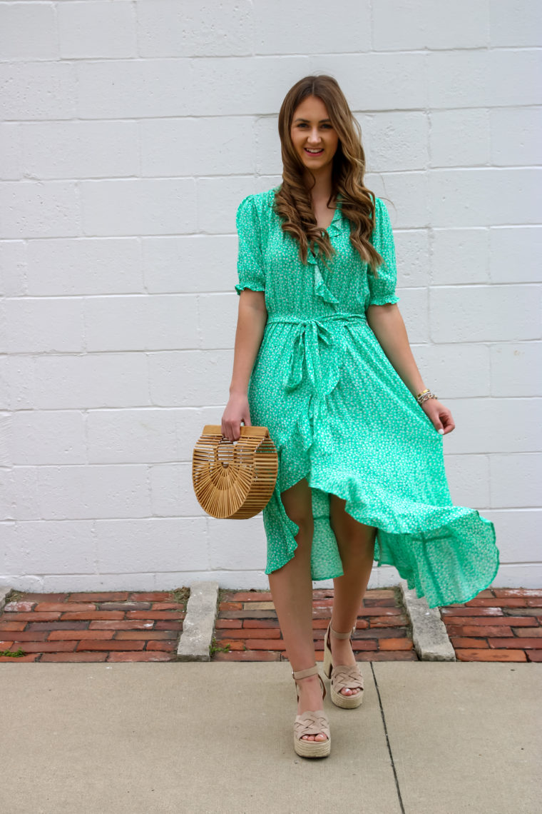 Green Floral Print Ruffle Midi Dress