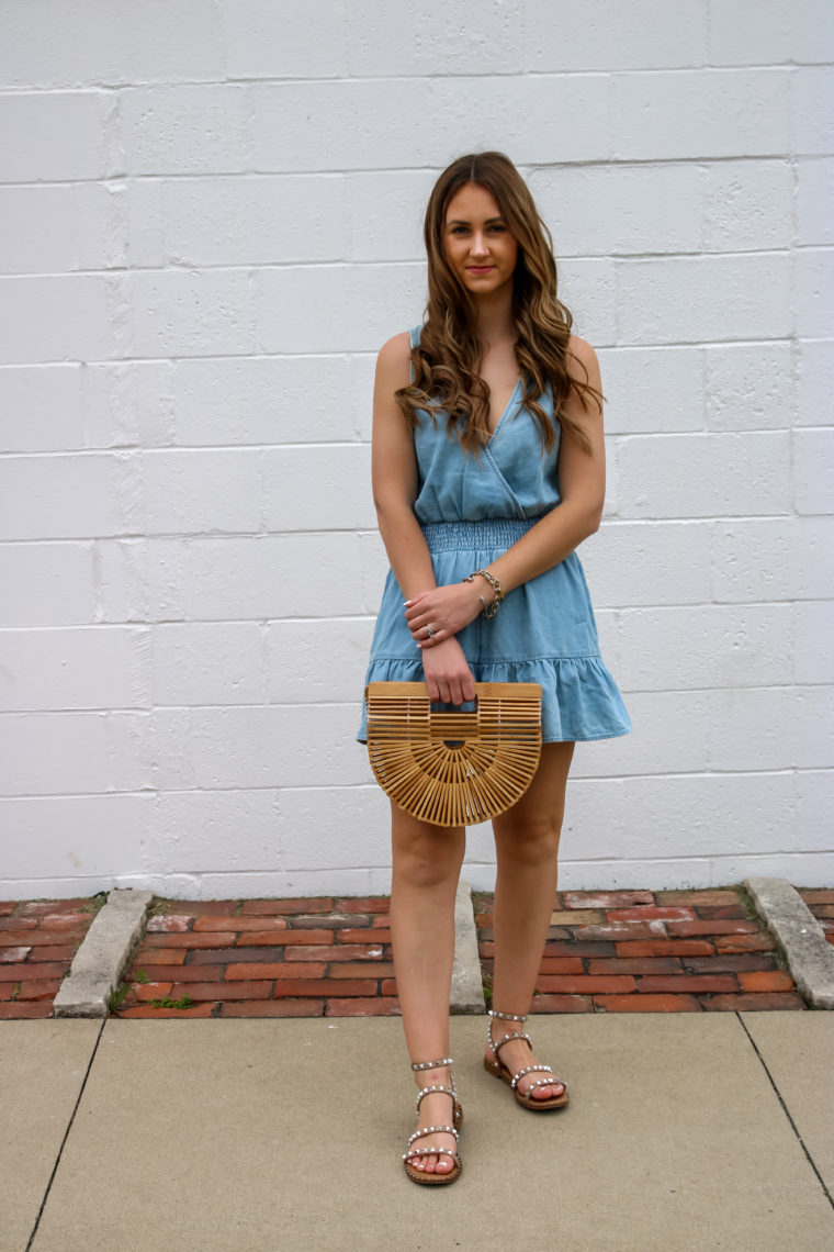 ruffle romper, studded sandals