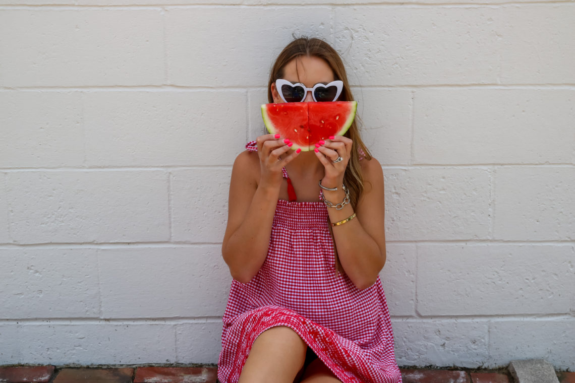 gingham dress, 4th of July dress, heart sunglasses