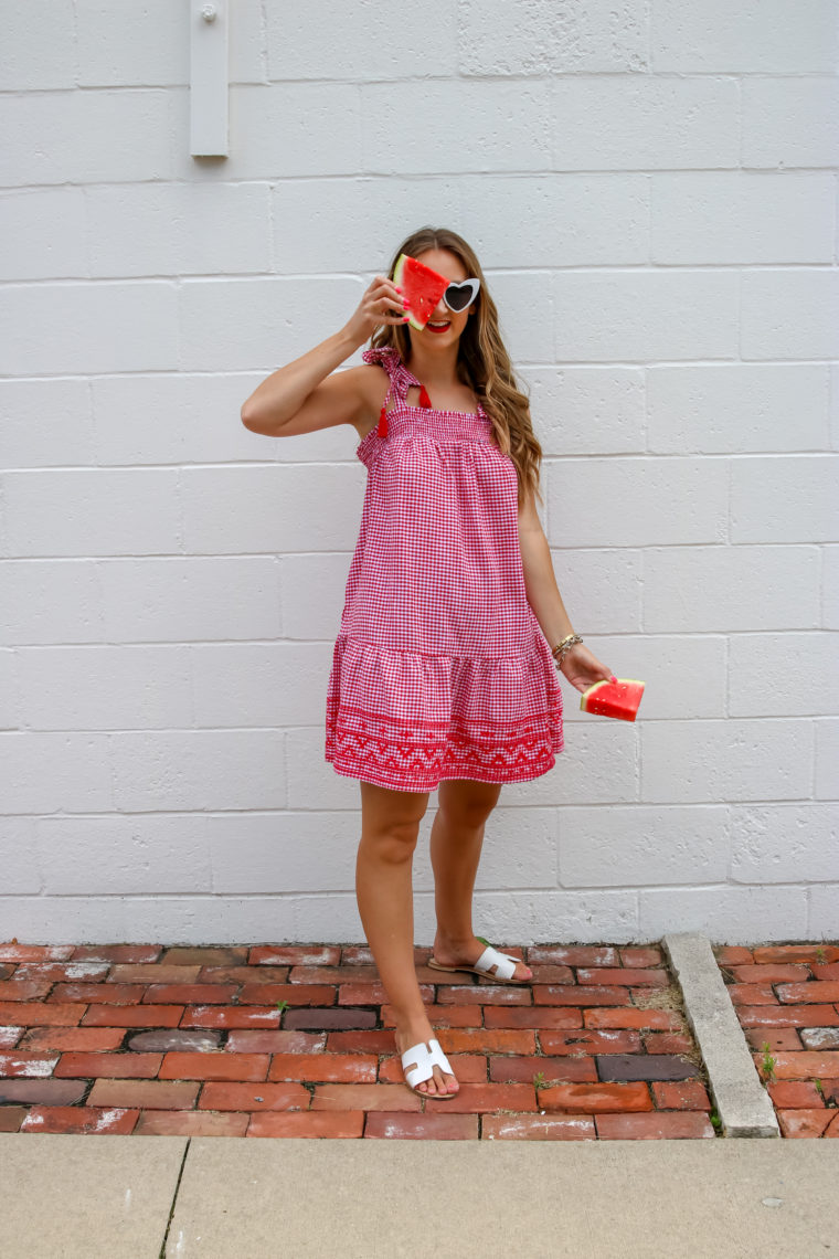 gingham dress, 4th of July dress, heart sunglasses