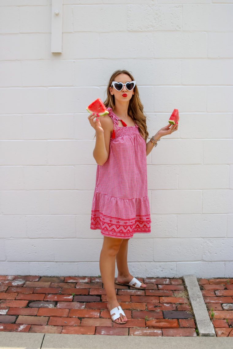 red gingham dress, heart sunglasses, 4th of July style